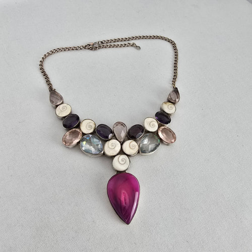 925 Sterling Silver Multistone Statement Necklace Pink Agate Shiva Eye Shell