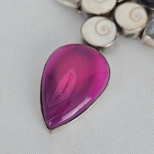 925 Sterling Silver Multistone Statement Necklace Pink Agate Shiva Eye Shell
