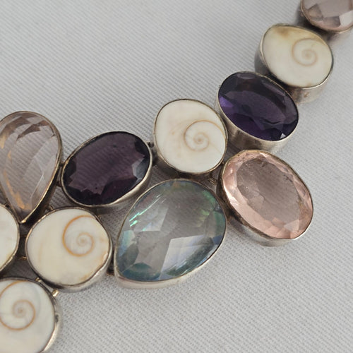 925 Sterling Silver Multistone Statement Necklace Pink Agate Shiva Eye Shell
