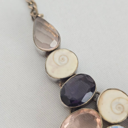 925 Sterling Silver Multistone Statement Necklace Pink Agate Shiva Eye Shell