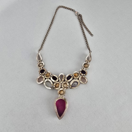 925 Sterling Silver Multistone Statement Necklace Pink Agate Shiva Eye Shell