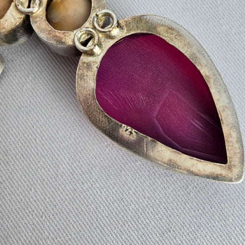 925 Sterling Silver Multistone Statement Necklace Pink Agate Shiva Eye Shell