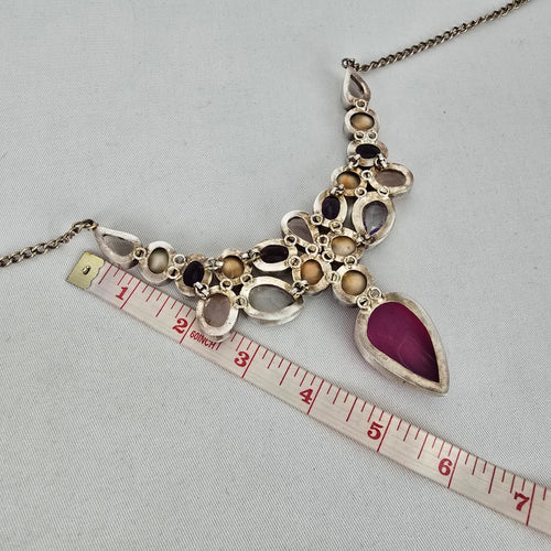 925 Sterling Silver Multistone Statement Necklace Pink Agate Shiva Eye Shell