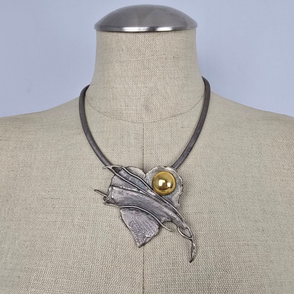 Artisan Modernist Silver Tone Abstract Leaf Collar Statement Necklace Gold Tone Accent