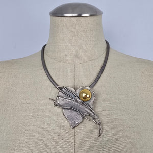 Artisan Modernist Silver Tone Abstract Leaf Collar Statement Necklace Gold Tone Accent