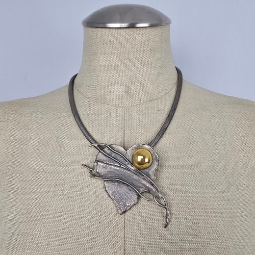 Artisan Modernist Silver Tone Abstract Leaf Collar Statement Necklace Gold Tone Accent