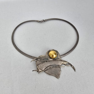 Artisan Modernist Silver Tone Abstract Leaf Collar Statement Necklace Gold Tone Accent