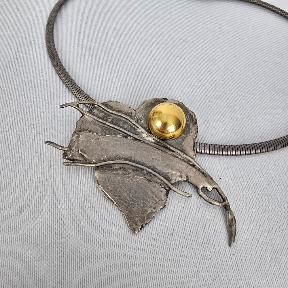 Artisan Modernist Silver Tone Abstract Leaf Collar Statement Necklace Gold Tone Accent