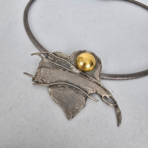 Artisan Modernist Silver Tone Abstract Leaf Collar Statement Necklace Gold Tone Accent