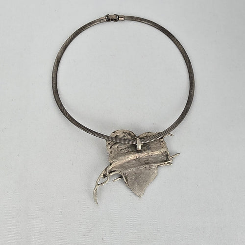 Artisan Modernist Silver Tone Abstract Leaf Collar Statement Necklace Gold Tone Accent