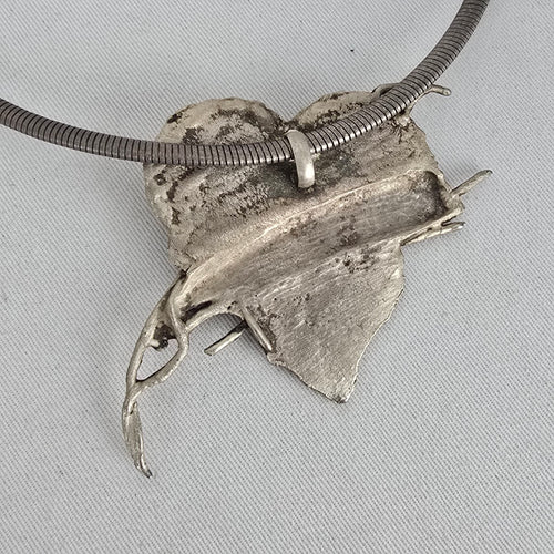 Artisan Modernist Silver Tone Abstract Leaf Collar Statement Necklace Gold Tone Accent