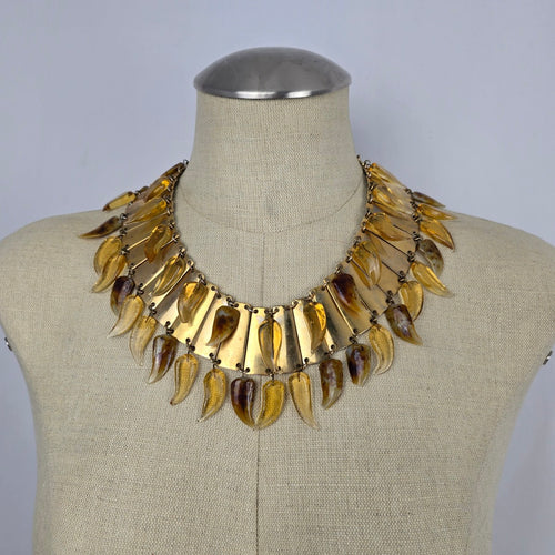 Vintage Egyptian Revival Spiked Bib Necklace Gold Tone Modernist Fringe Statement Collar