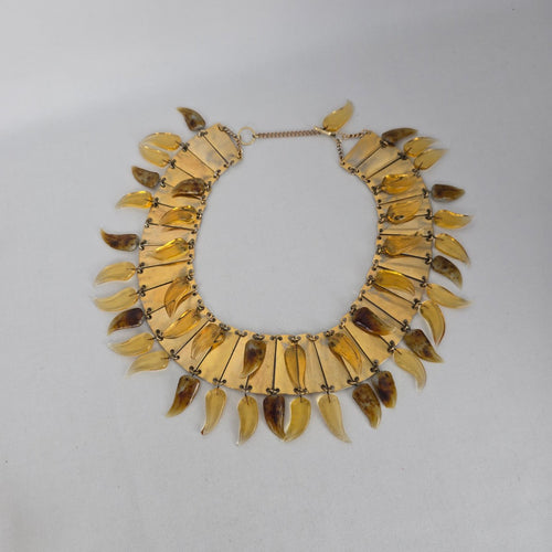 Vintage Egyptian Revival Spiked Bib Necklace Gold Tone Modernist Fringe Statement Collar