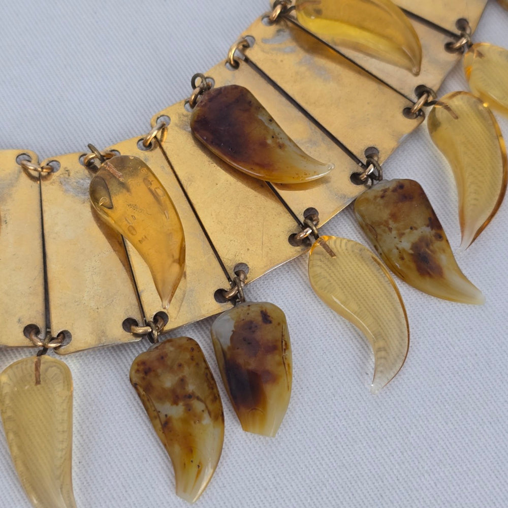 Vintage Egyptian Revival Spiked Bib Necklace Gold Tone Modernist Fringe Statement Collar