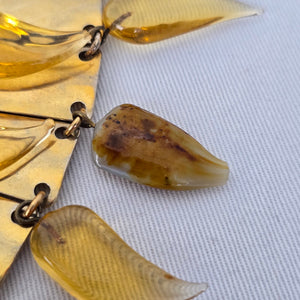 Vintage Egyptian Revival Spiked Bib Necklace Gold Tone Modernist Fringe Statement Collar