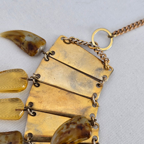 Vintage Egyptian Revival Spiked Bib Necklace Gold Tone Modernist Fringe Statement Collar