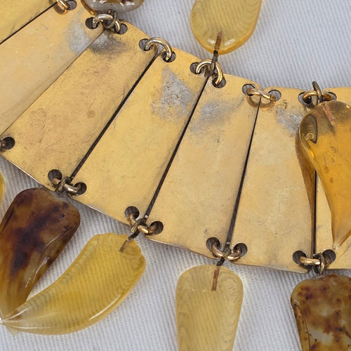 Vintage Egyptian Revival Spiked Bib Necklace Gold Tone Modernist Fringe Statement Collar
