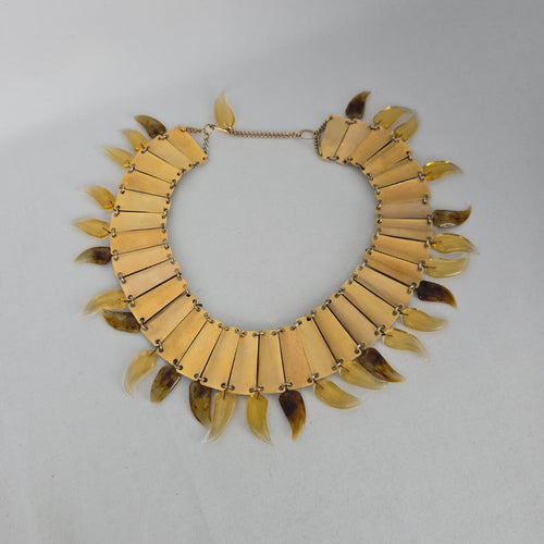 Vintage Egyptian Revival Spiked Bib Necklace Gold Tone Modernist Fringe Statement Collar