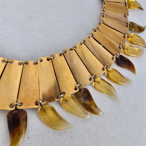 Vintage Egyptian Revival Spiked Bib Necklace Gold Tone Modernist Fringe Statement Collar