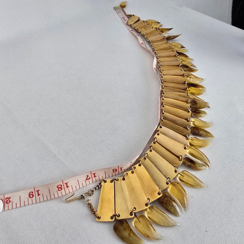 Vintage Egyptian Revival Spiked Bib Necklace Gold Tone Modernist Fringe Statement Collar