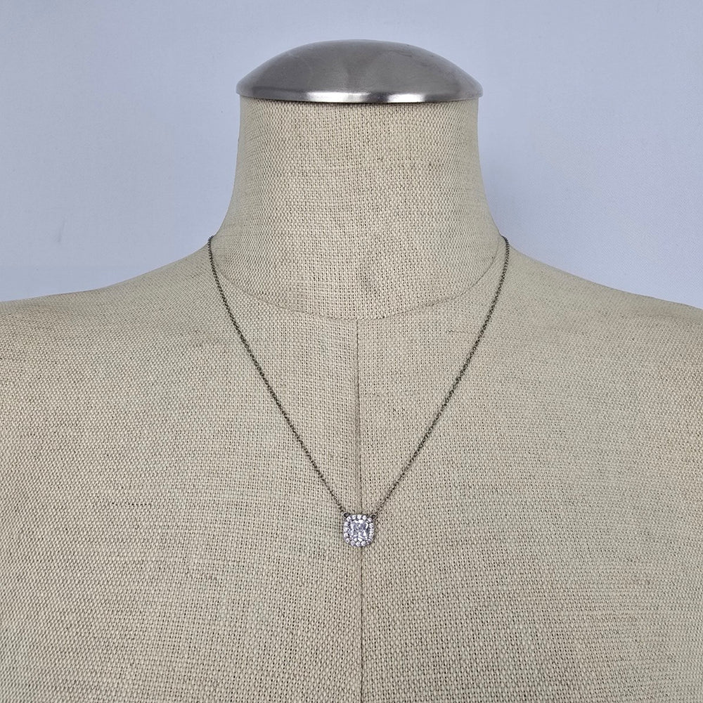 925 Sterling Silver Cushion Cut Clear Cubic Zirconia Halo Pendant Necklace