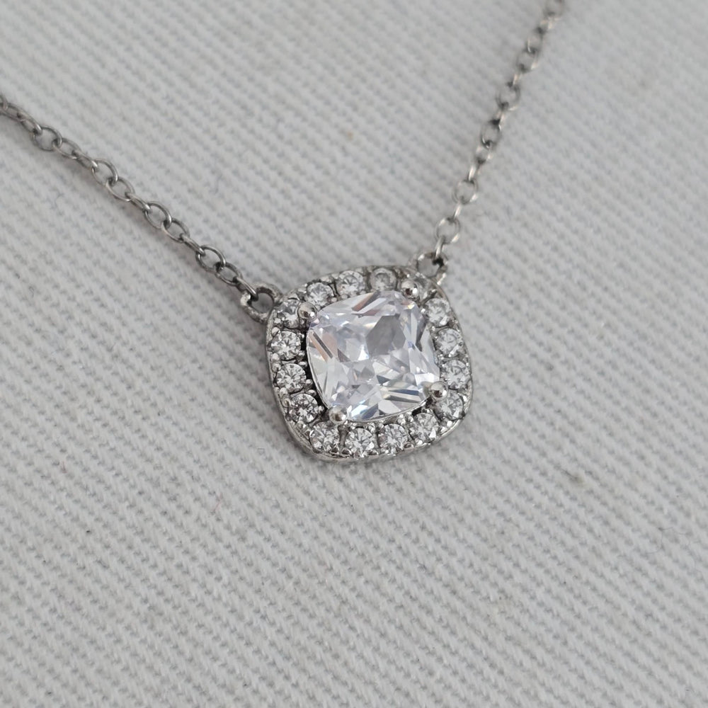 925 Sterling Silver Cushion Cut Clear Cubic Zirconia Halo Pendant Necklace