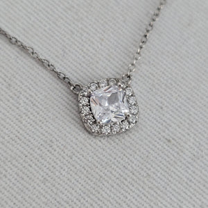 925 Sterling Silver Cushion Cut Clear Cubic Zirconia Halo Pendant Necklace