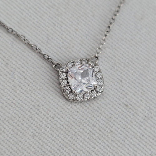925 Sterling Silver Cushion Cut Clear Cubic Zirconia Halo Pendant Necklace