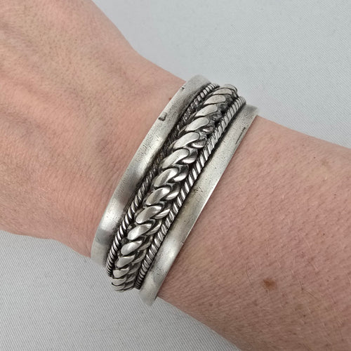 Vintage Bedouin-Style 800 Silver Cuff Bracelet — Heavy Rope & Curb Chain Design
