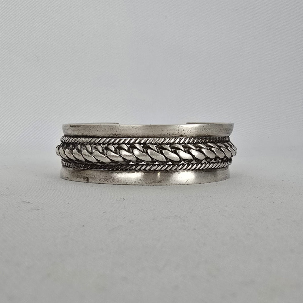 Vintage Bedouin-Style 800 Silver Cuff Bracelet — Heavy Rope & Curb Chain Design