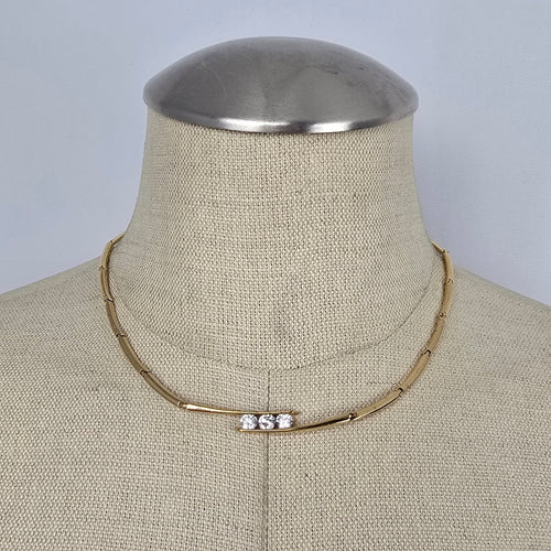 Vintage Gold Tone Three Rhinestone Collar Necklace Link Choker