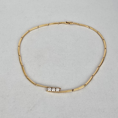 Vintage Gold Tone Three Rhinestone Collar Necklace Link Choker
