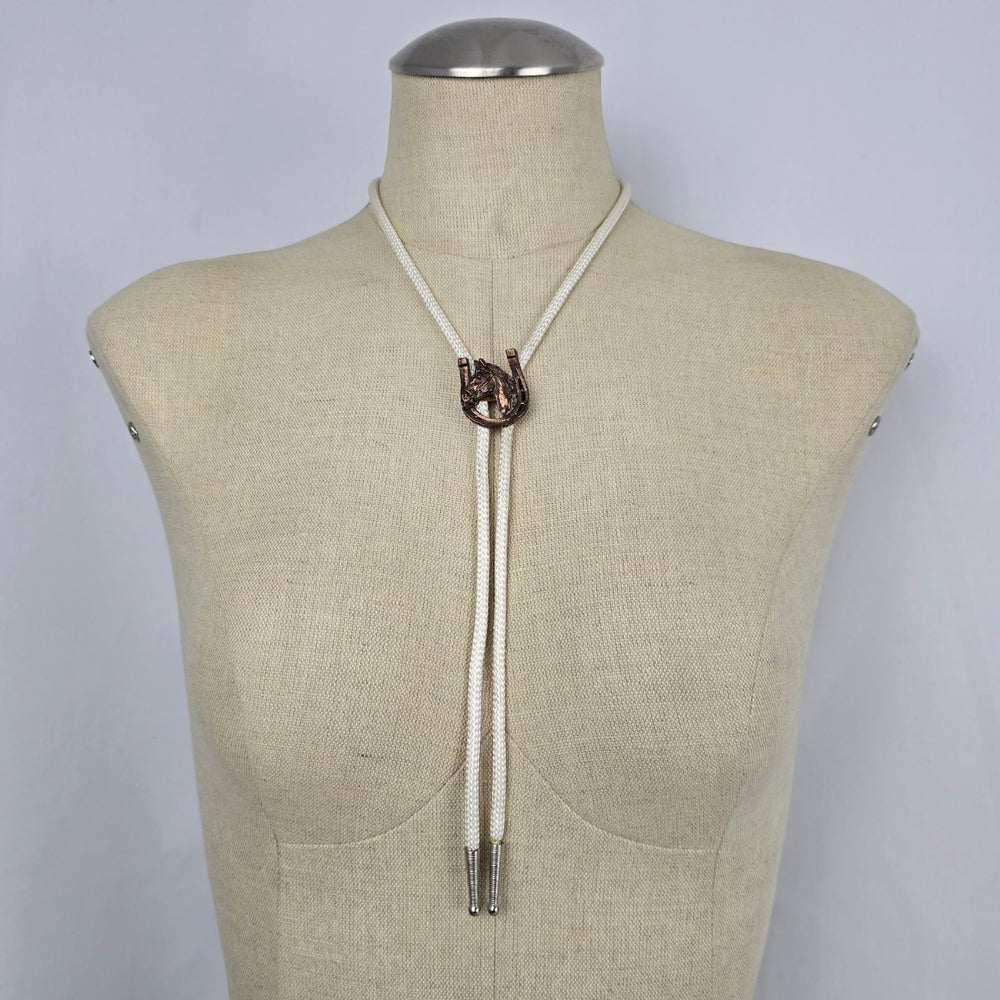 Vintage Horse Head Horseshoe Bolo Tie White Braided Cord Western Cowboy Necklace