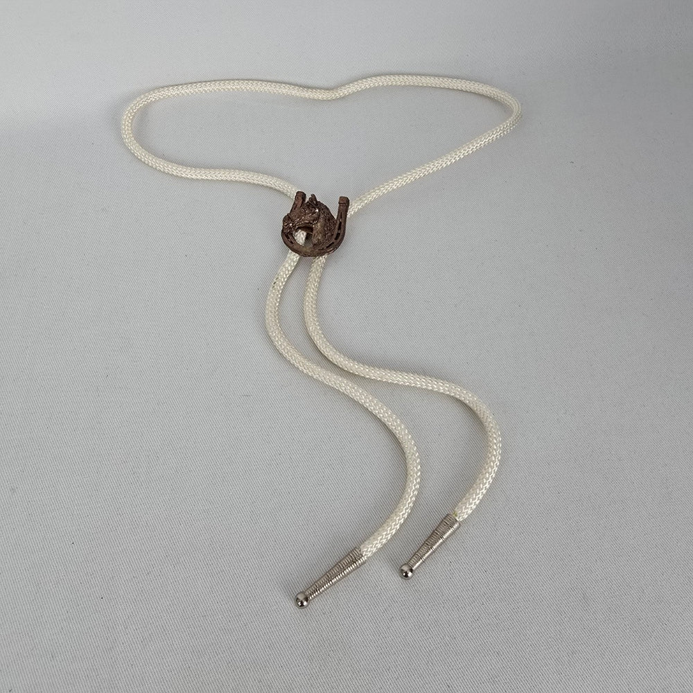 Vintage Horse Head Horseshoe Bolo Tie White Braided Cord Western Cowboy Necklace