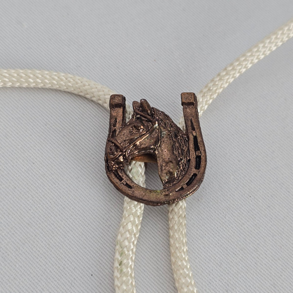 Vintage Horse Head Horseshoe Bolo Tie White Braided Cord Western Cowboy Necklace