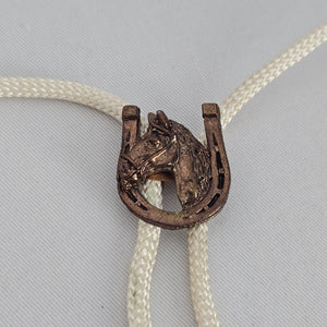 Vintage Horse Head Horseshoe Bolo Tie White Braided Cord Western Cowboy Necklace