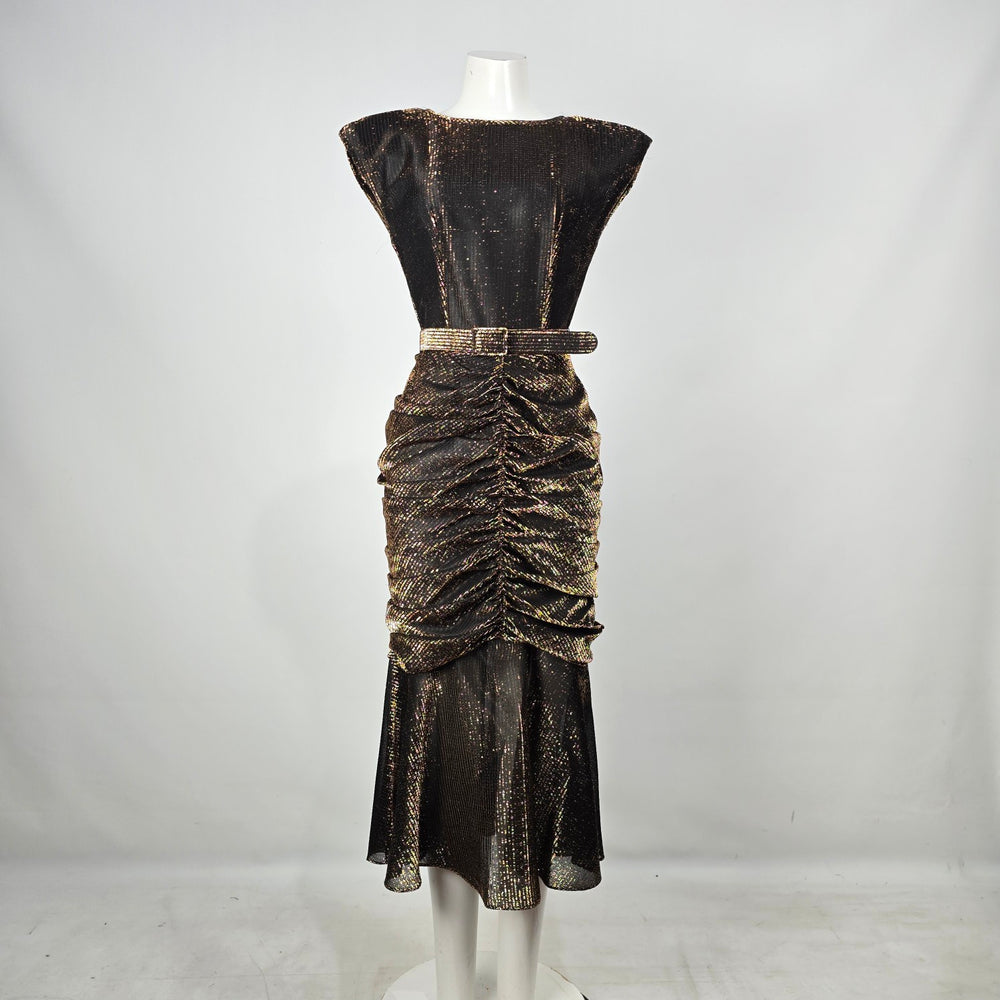 Vintage Benee by Lori Ann Black Gold Metallic Ruched Midi Dress Belted Size S/M