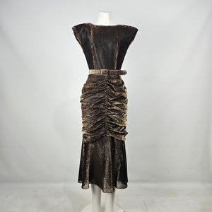 Vintage Benee by Lori Ann Black Gold Metallic Ruched Midi Dress Belted Size S/M