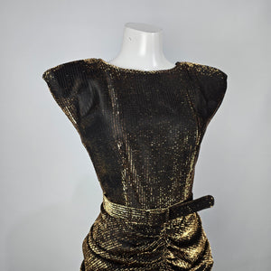 Vintage Benee by Lori Ann Black Gold Metallic Ruched Midi Dress Belted Size S/M