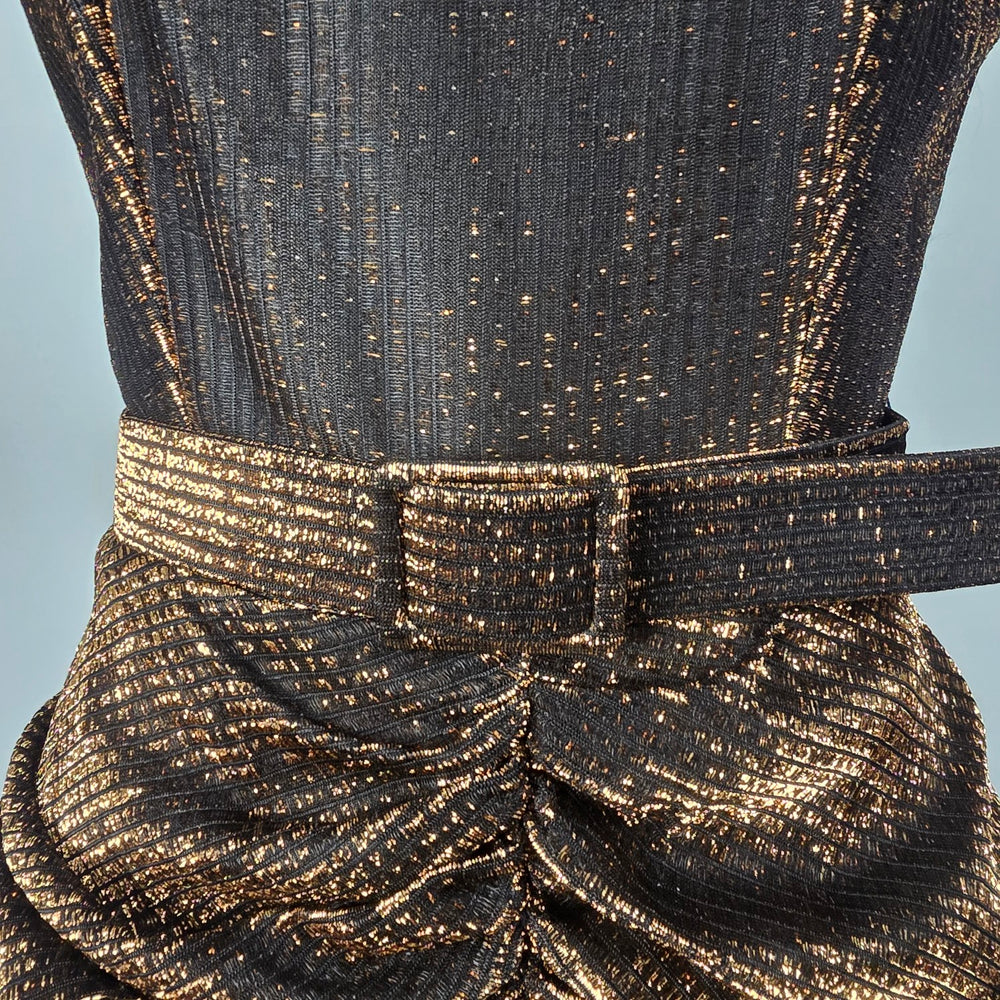 Vintage Benee by Lori Ann Black Gold Metallic Ruched Midi Dress Belted Size S/M