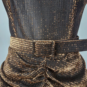 Vintage Benee by Lori Ann Black Gold Metallic Ruched Midi Dress Belted Size S/M