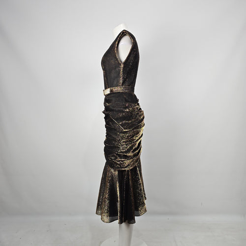 Vintage Benee by Lori Ann Black Gold Metallic Ruched Midi Dress Belted Size S/M