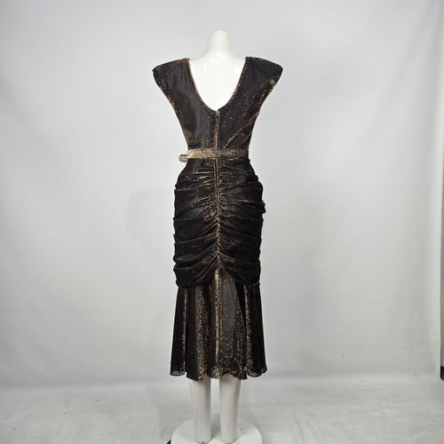 Vintage Benee by Lori Ann Black Gold Metallic Ruched Midi Dress Belted Size S/M
