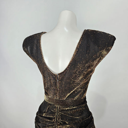 Vintage Benee by Lori Ann Black Gold Metallic Ruched Midi Dress Belted Size S/M
