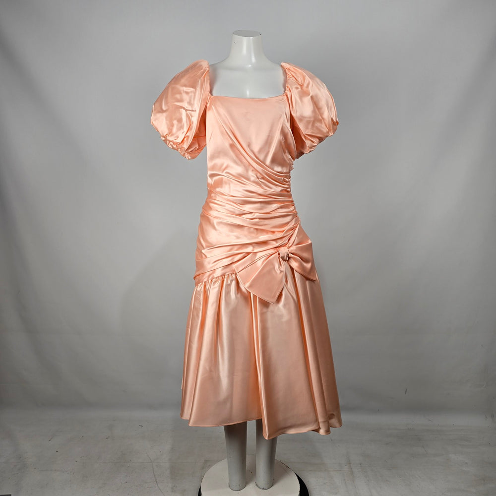 Vintage Peach Satin Puff Sleeve Ruched Party Dress Bow Detail S/M