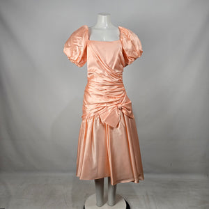 Vintage Peach Satin Puff Sleeve Ruched Party Dress Bow Detail S/M