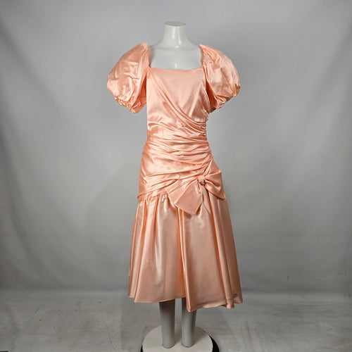 Vintage Peach Satin Puff Sleeve Ruched Party Dress Bow Detail S/M