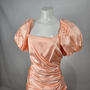 Vintage Peach Satin Puff Sleeve Ruched Party Dress Bow Detail S/M