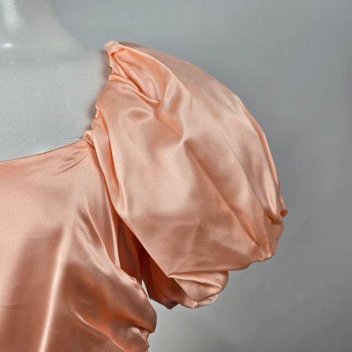 Vintage Peach Satin Puff Sleeve Ruched Party Dress Bow Detail S/M