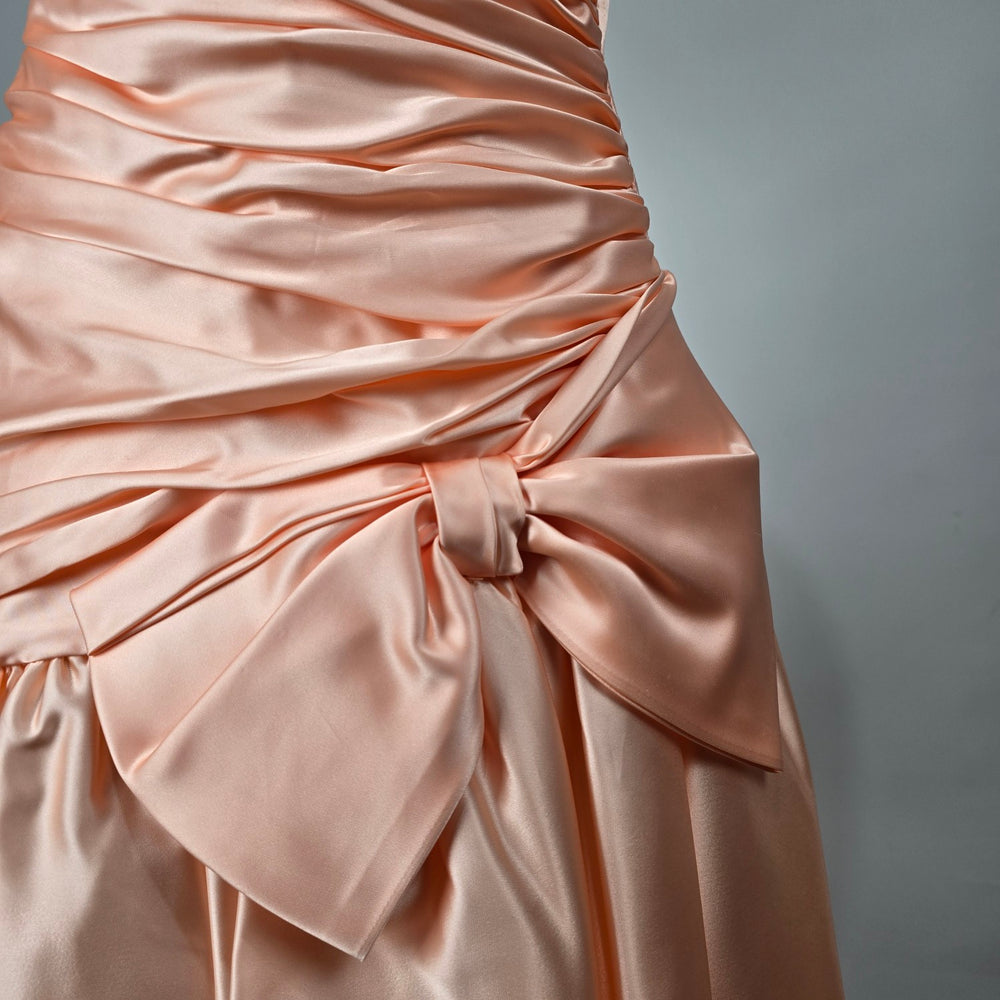 Vintage Peach Satin Puff Sleeve Ruched Party Dress Bow Detail S/M